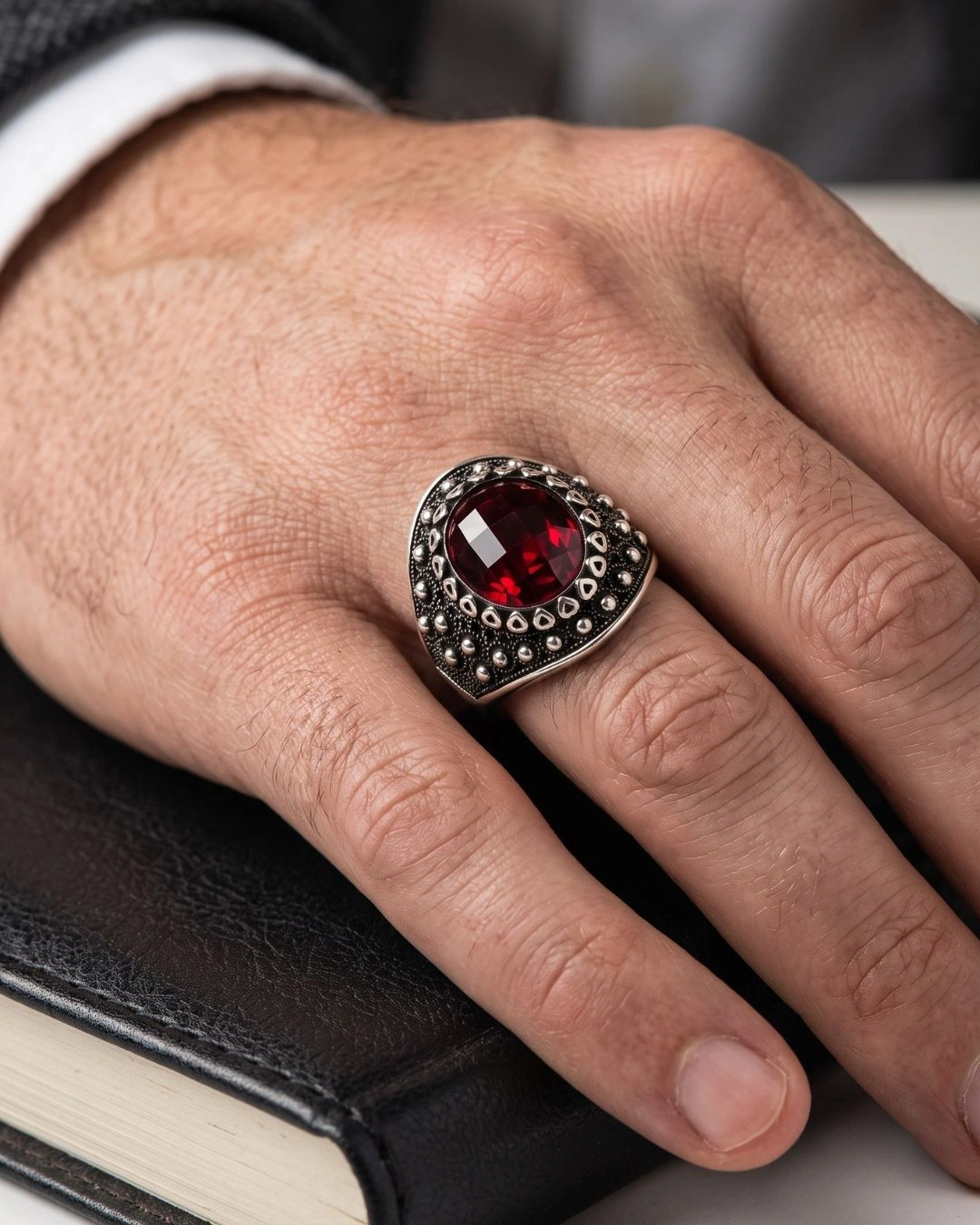 Solstice Shield Ruby Red 925 Sterling Silver Ring for Men