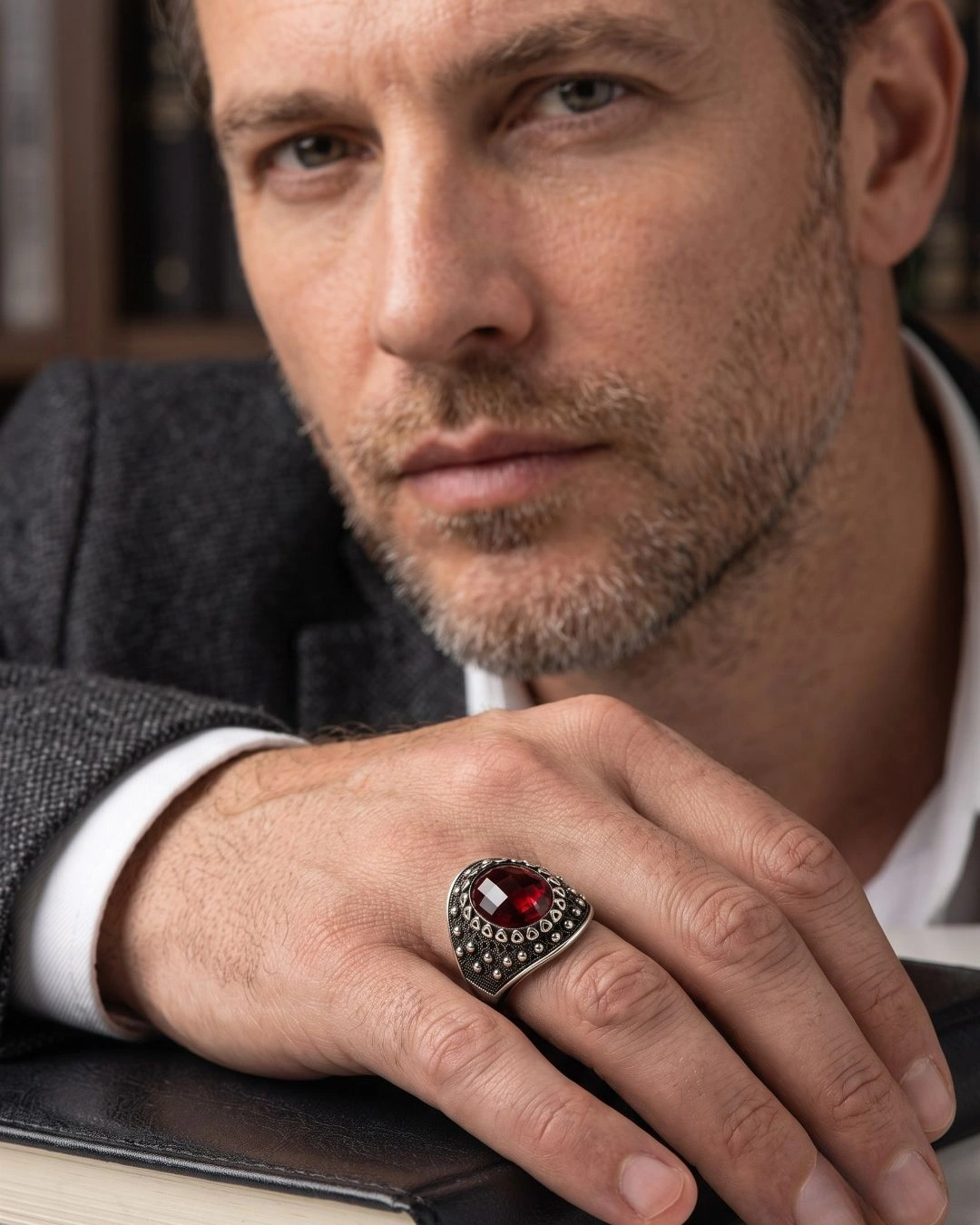 Solstice Shield Ruby Red 925 Sterling Silver Ring for Men